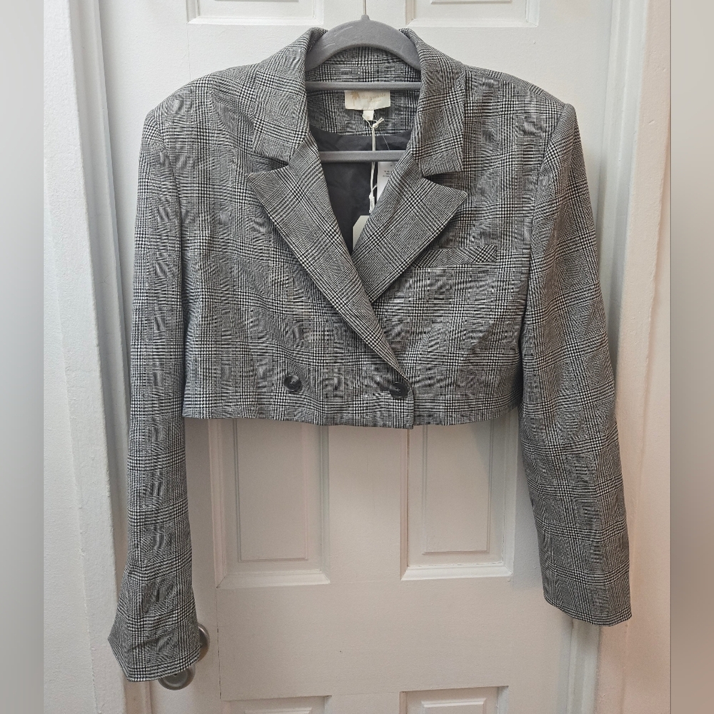 The Westside Plaid Houndstooth Cropped Blazer Gray Black Small NWT